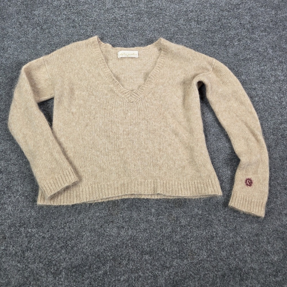 Natalie Martin Sweater Womens XS Beige Baby Alpaca V Neck Logo Knit Pullover